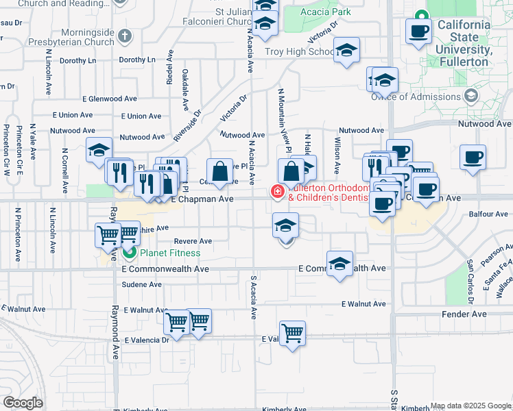map of restaurants, bars, coffee shops, grocery stores, and more near 1-E East Chapman Avenue in Fullerton