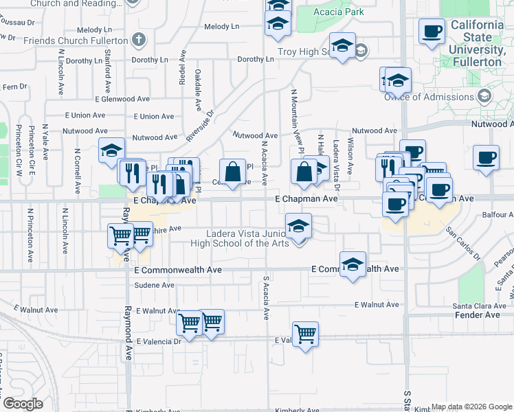 map of restaurants, bars, coffee shops, grocery stores, and more near 1-E East Chapman Avenue in Fullerton