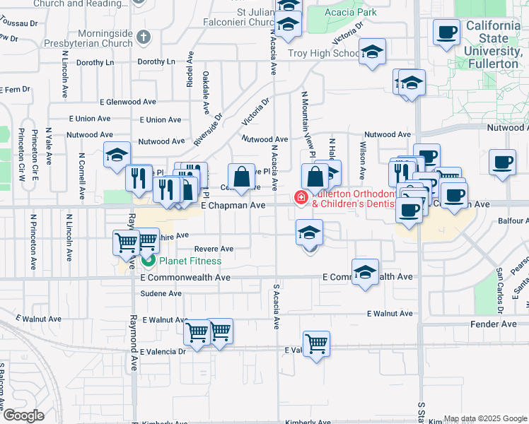 map of restaurants, bars, coffee shops, grocery stores, and more near 1-E East Chapman Avenue in Fullerton