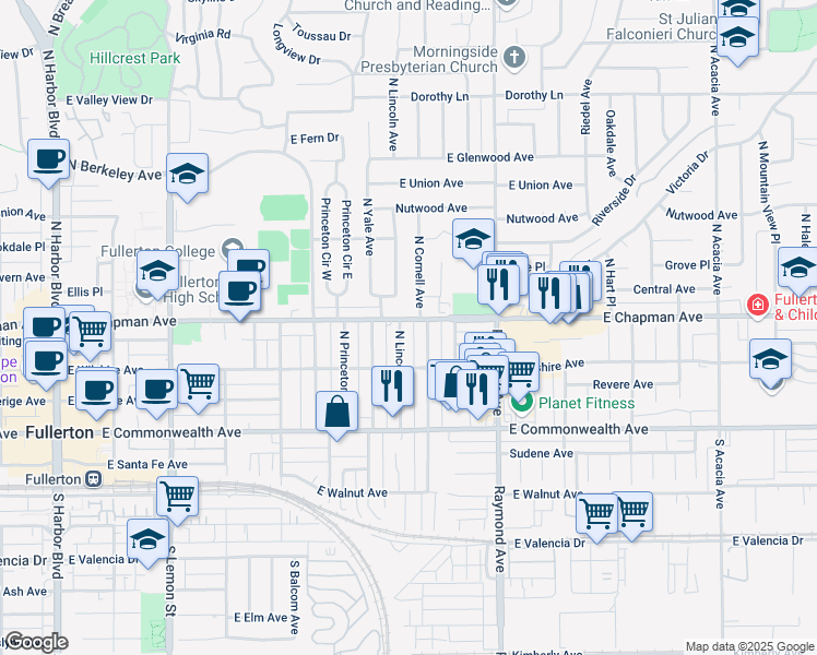 map of restaurants, bars, coffee shops, grocery stores, and more near 901 East Chapman Avenue in Fullerton