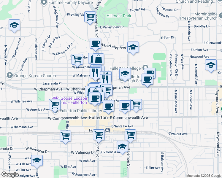 map of restaurants, bars, coffee shops, grocery stores, and more near in Fullerton