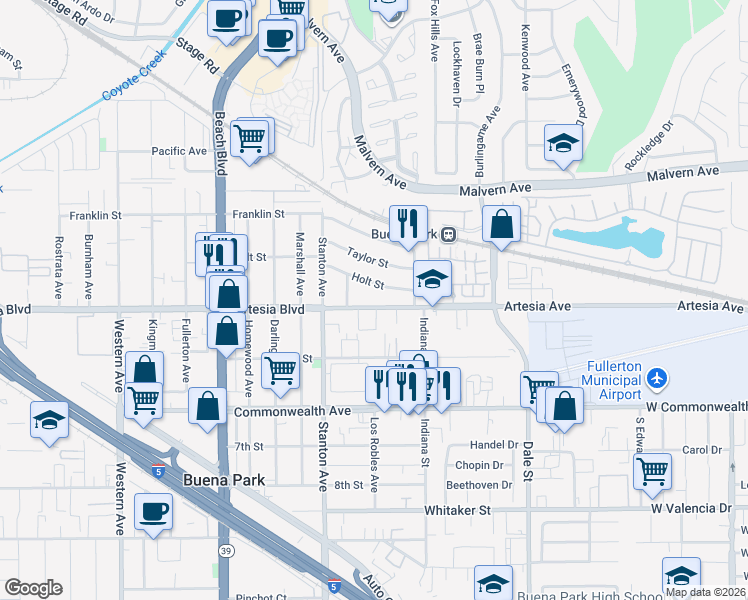 map of restaurants, bars, coffee shops, grocery stores, and more near 8111 Holt Street in Buena Park