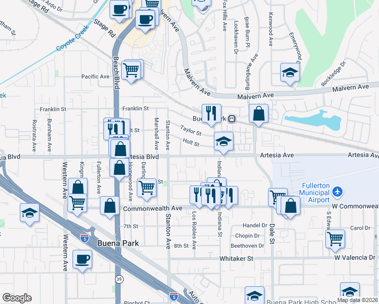 map of restaurants, bars, coffee shops, grocery stores, and more near 8111 Holt Street in Buena Park