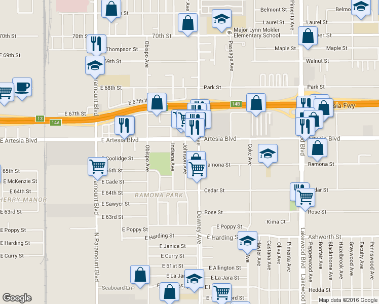 map of restaurants, bars, coffee shops, grocery stores, and more near in Long Beach