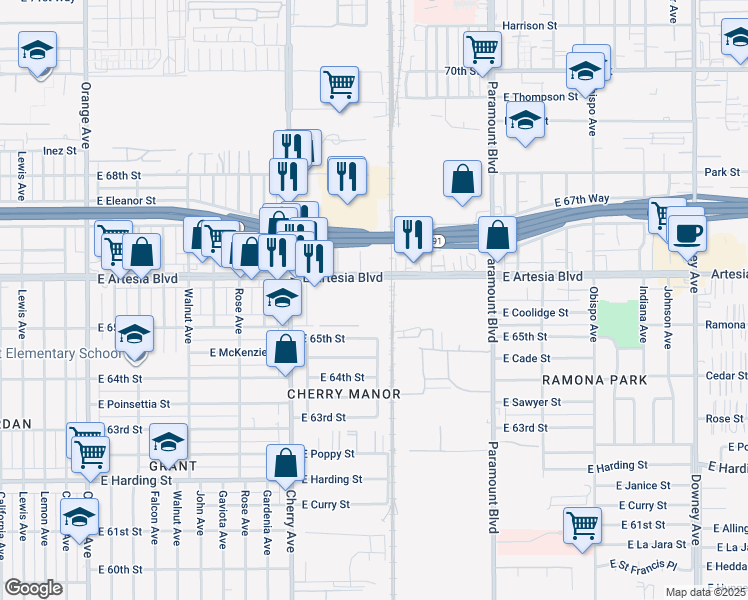 map of restaurants, bars, coffee shops, grocery stores, and more near 2250 East Artesia Boulevard in Long Beach