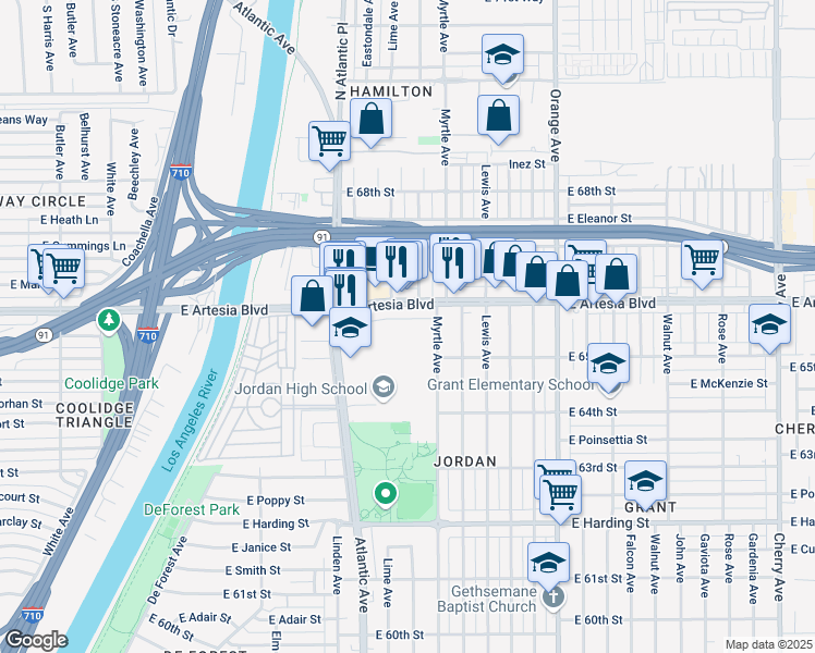 map of restaurants, bars, coffee shops, grocery stores, and more near 707 East Artesia Boulevard in Long Beach