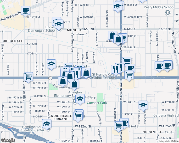 map of restaurants, bars, coffee shops, grocery stores, and more near in Torrance