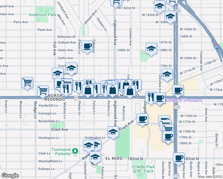 map of restaurants, bars, coffee shops, grocery stores, and more near 2106 Perkins Lane in Redondo Beach