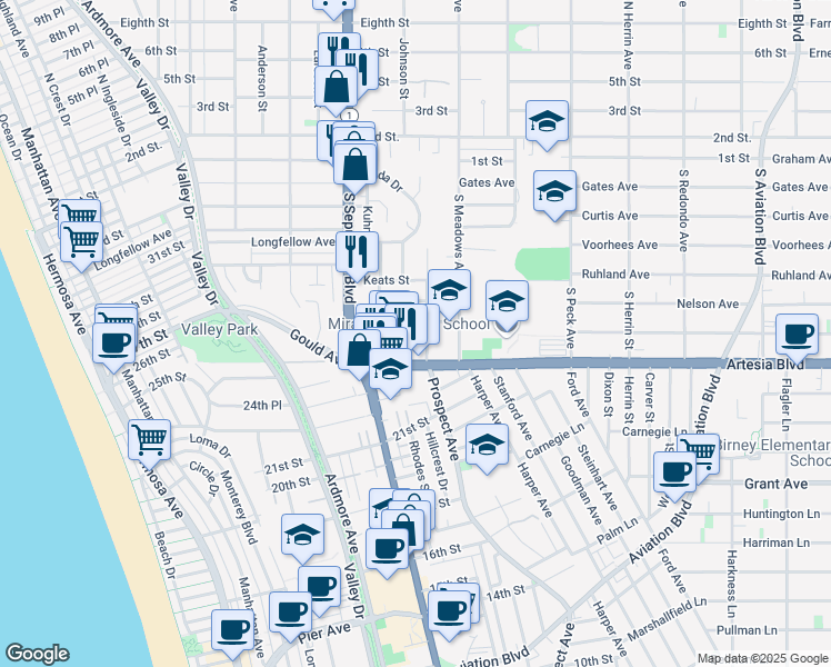 map of restaurants, bars, coffee shops, grocery stores, and more near 1201 Tennyson Street in Manhattan Beach
