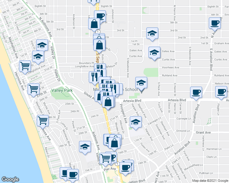 map of restaurants, bars, coffee shops, grocery stores, and more near 1201 Tennyson Street in Manhattan Beach