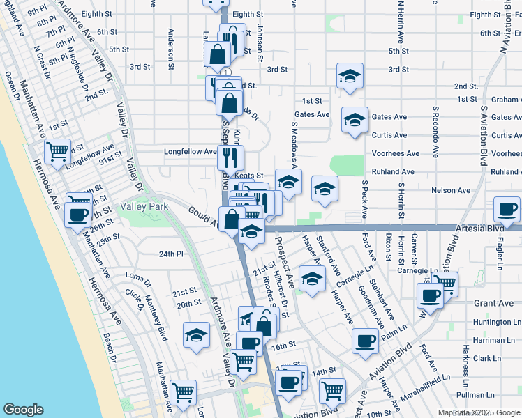 map of restaurants, bars, coffee shops, grocery stores, and more near 1201 Tennyson Street in Manhattan Beach