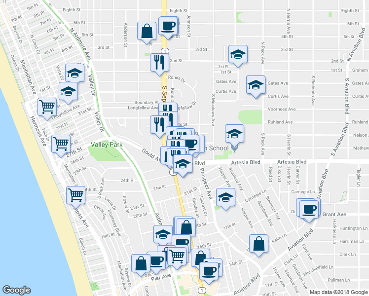 map of restaurants, bars, coffee shops, grocery stores, and more near 1201 Tennyson Street in Manhattan Beach