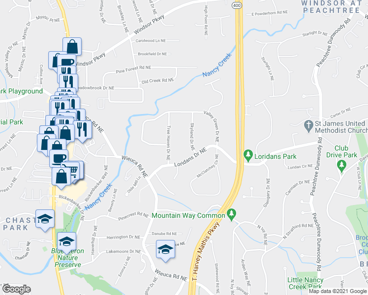 map of restaurants, bars, coffee shops, grocery stores, and more near 4366 Skyland Drive Northeast in Atlanta