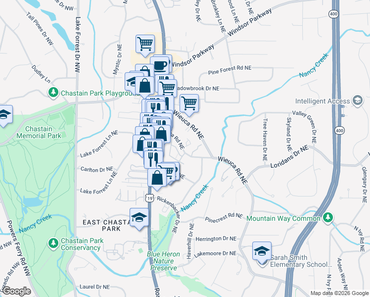 map of restaurants, bars, coffee shops, grocery stores, and more near 4545 West Wieuca Road Northeast in Atlanta