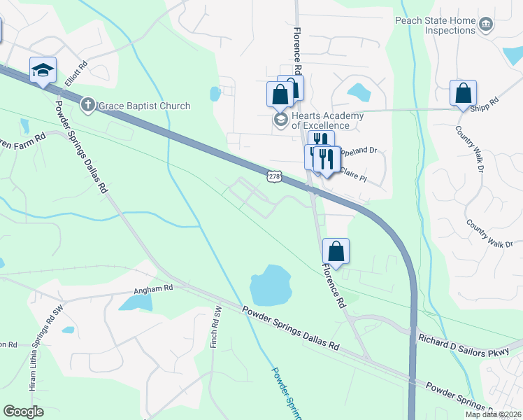 map of restaurants, bars, coffee shops, grocery stores, and more near 5191 Carrington Park Drive in Powder Springs