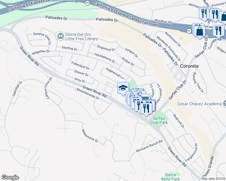 map of restaurants, bars, coffee shops, grocery stores, and more near 3140 Castelar Court in Corona