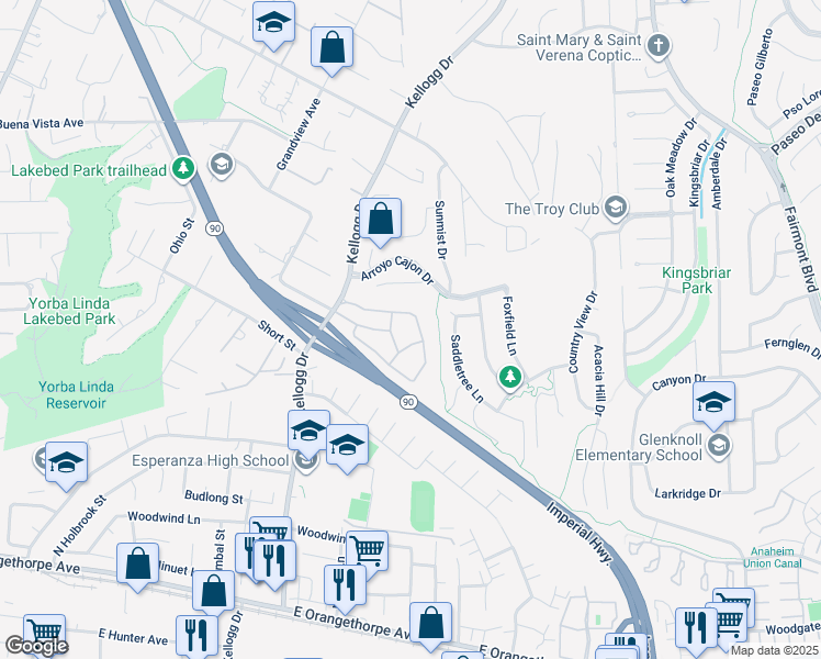 map of restaurants, bars, coffee shops, grocery stores, and more near 19106 Alamo Lane in Yorba Linda