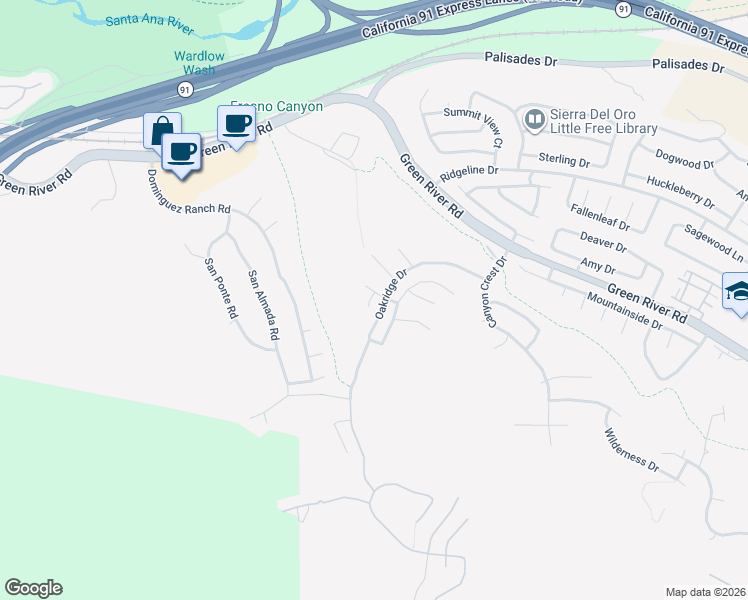 map of restaurants, bars, coffee shops, grocery stores, and more near 3610 Santa Elena Circle in Corona