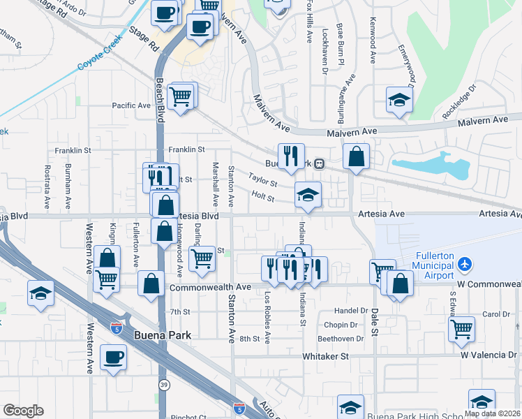 map of restaurants, bars, coffee shops, grocery stores, and more near 8111 Holt Street in Buena Park