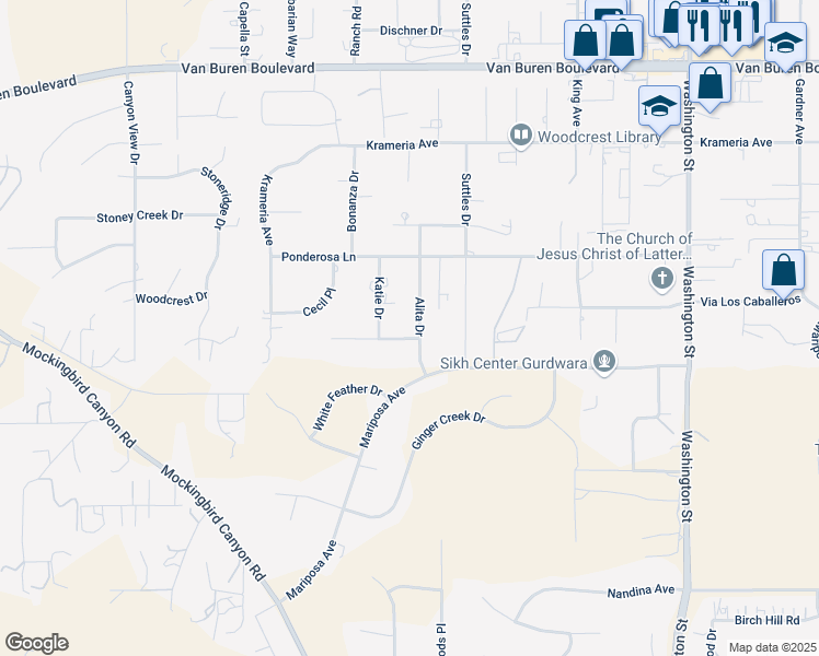 map of restaurants, bars, coffee shops, grocery stores, and more near 16891 Alita Drive in Riverside