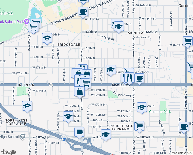 map of restaurants, bars, coffee shops, grocery stores, and more near 17234 Ardath Avenue in Torrance