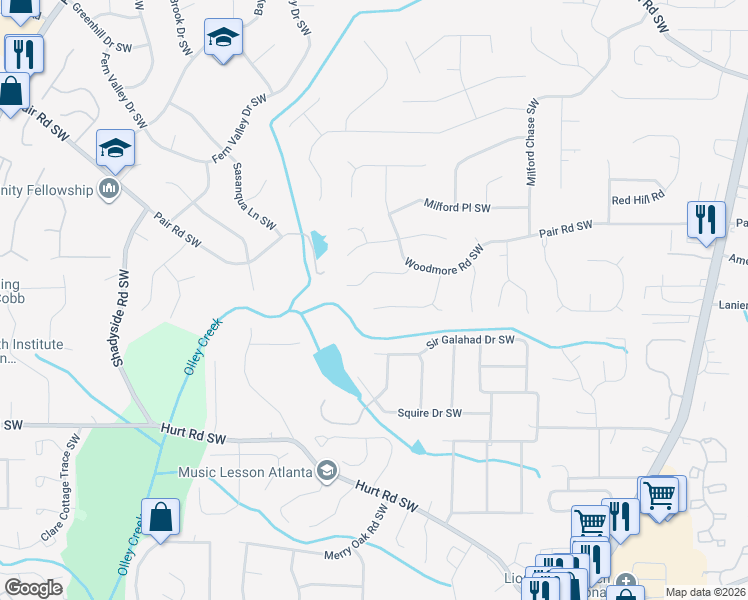 map of restaurants, bars, coffee shops, grocery stores, and more near 3424 Sandlake Drive Southwest in Marietta