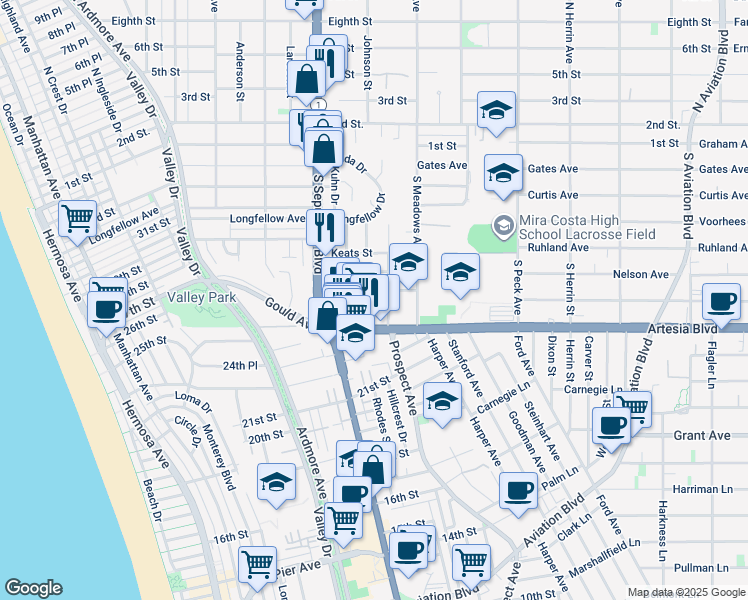 map of restaurants, bars, coffee shops, grocery stores, and more near 1208 Tennyson Street in Manhattan Beach
