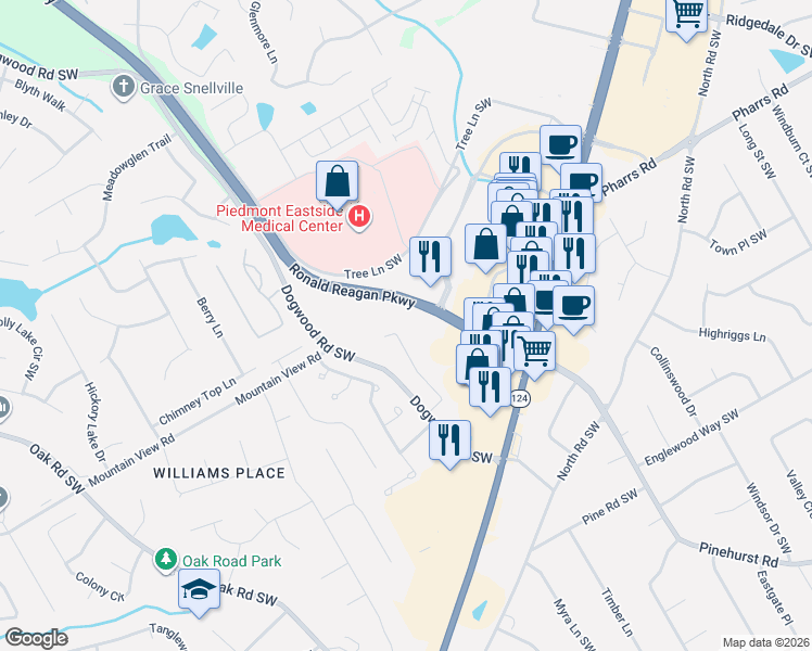 map of restaurants, bars, coffee shops, grocery stores, and more near 1814 Dogwood Court Southwest in Snellville