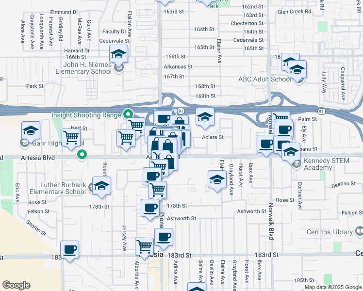 map of restaurants, bars, coffee shops, grocery stores, and more near 11900 Shasta Circle in Cerritos