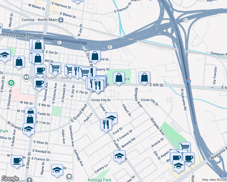 map of restaurants, bars, coffee shops, grocery stores, and more near 1014 La Costa Drive in Corona