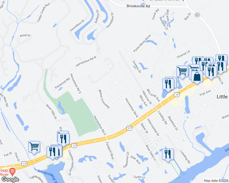 map of restaurants, bars, coffee shops, grocery stores, and more near 4150 Horseshoe Road North in Little River