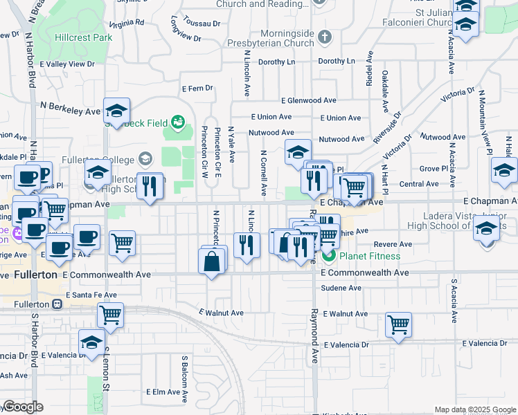 map of restaurants, bars, coffee shops, grocery stores, and more near 901 East Chapman Avenue in Fullerton