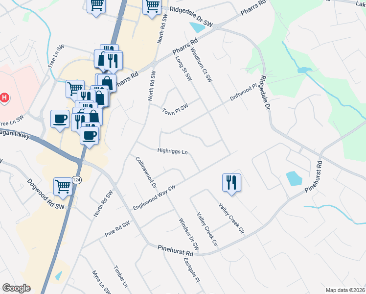 map of restaurants, bars, coffee shops, grocery stores, and more near 1912 Driftwood Place in Snellville