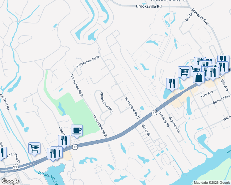 map of restaurants, bars, coffee shops, grocery stores, and more near 4150 Horseshoe Road South in Little River
