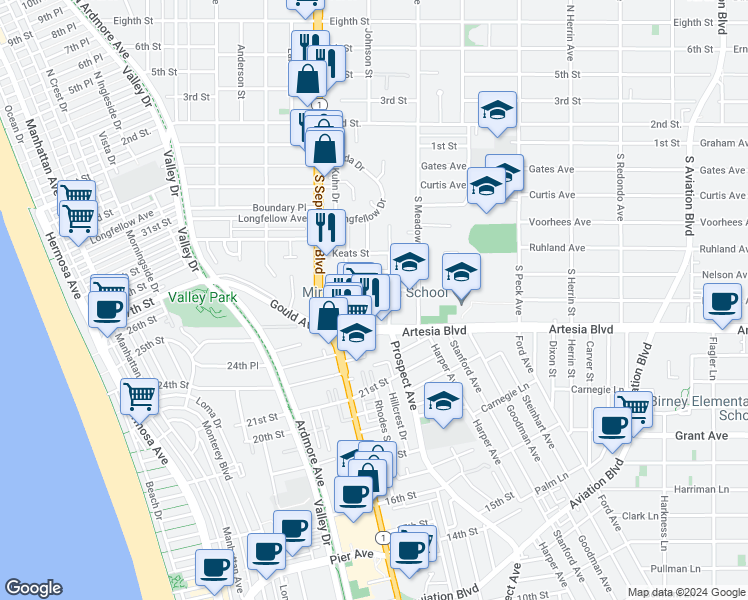 map of restaurants, bars, coffee shops, grocery stores, and more near 1208 Tennyson Street in Manhattan Beach
