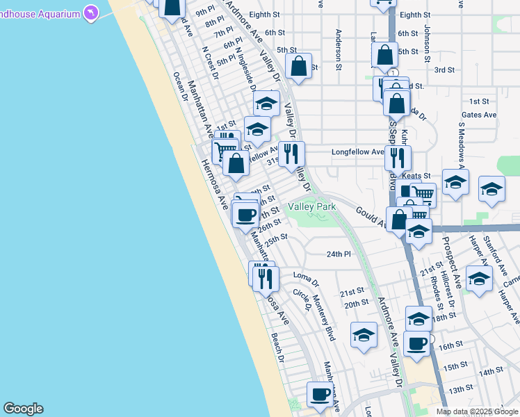 map of restaurants, bars, coffee shops, grocery stores, and more near 318 29th Court in Hermosa Beach