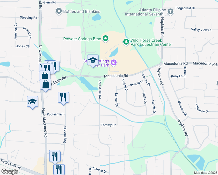 map of restaurants, bars, coffee shops, grocery stores, and more near 3314 Dilmus Drive in Powder Springs
