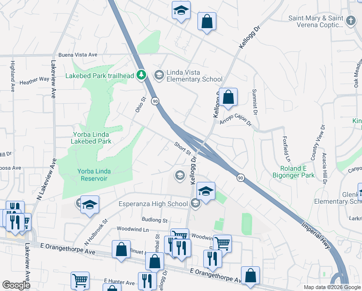 map of restaurants, bars, coffee shops, grocery stores, and more near 6012 Short Street in Yorba Linda
