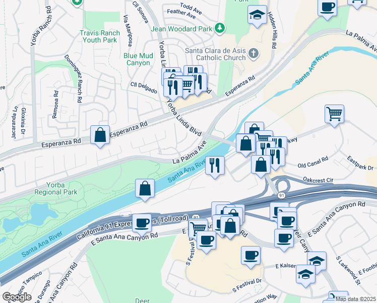 map of restaurants, bars, coffee shops, grocery stores, and more near 8230 East Brookdale Lane in Anaheim