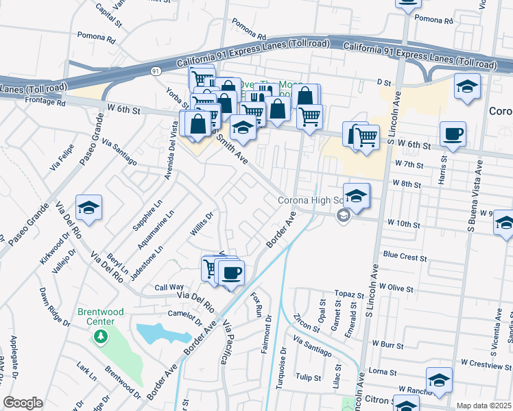 map of restaurants, bars, coffee shops, grocery stores, and more near 1373 Orangewood Square in Corona