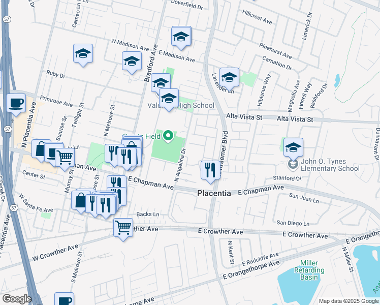map of restaurants, bars, coffee shops, grocery stores, and more near 410 North Angelina Drive in Placentia