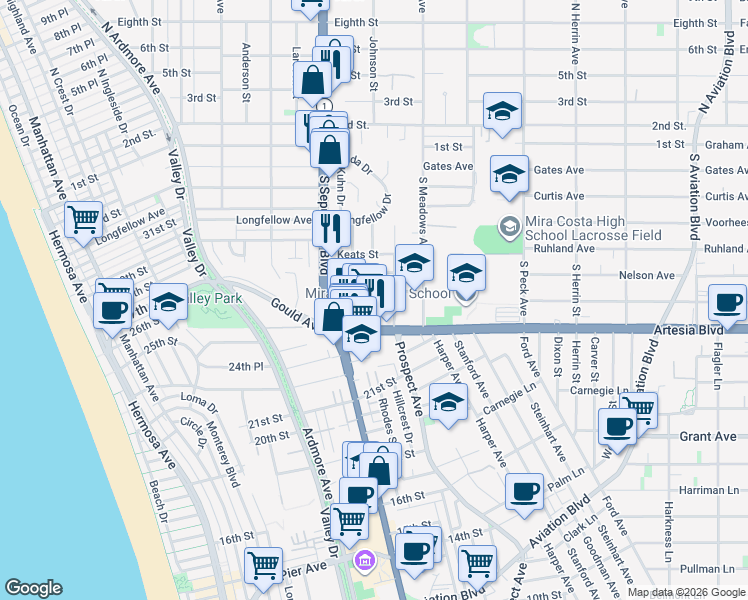 map of restaurants, bars, coffee shops, grocery stores, and more near in Manhattan Beach