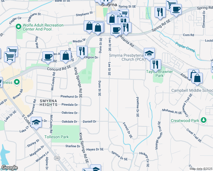 map of restaurants, bars, coffee shops, grocery stores, and more near 3270 Lee Street Southeast in Smyrna