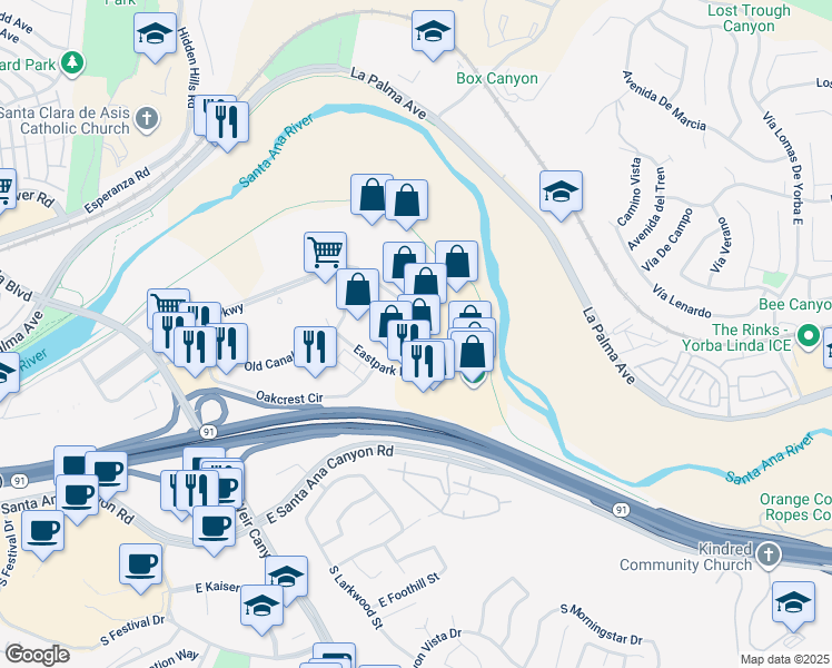map of restaurants, bars, coffee shops, grocery stores, and more near 22653 Old Canal Road in Yorba Linda