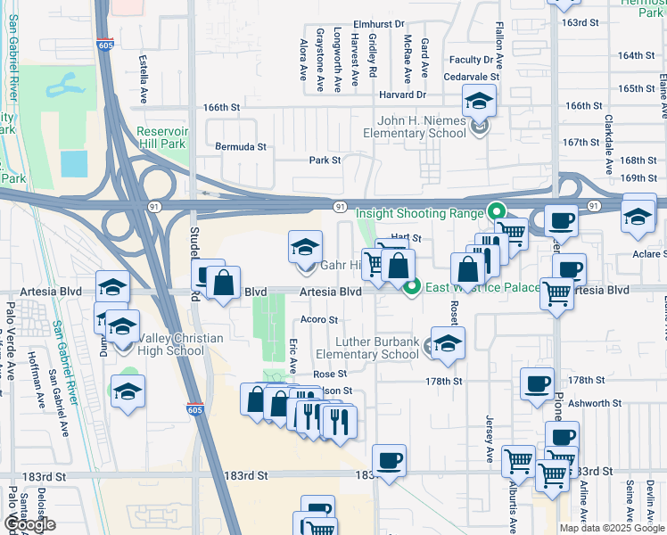map of restaurants, bars, coffee shops, grocery stores, and more near 17221 Mapes Avenue in Cerritos