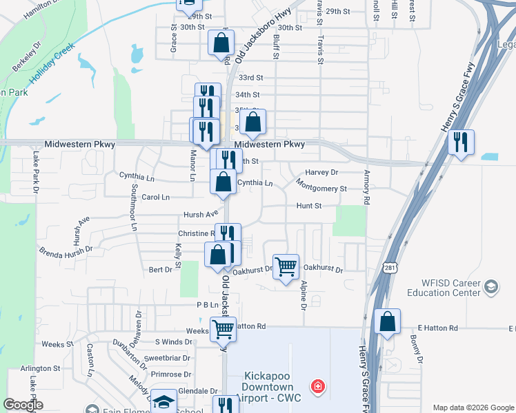 map of restaurants, bars, coffee shops, grocery stores, and more near 3912 Parker Boulevard in Wichita Falls