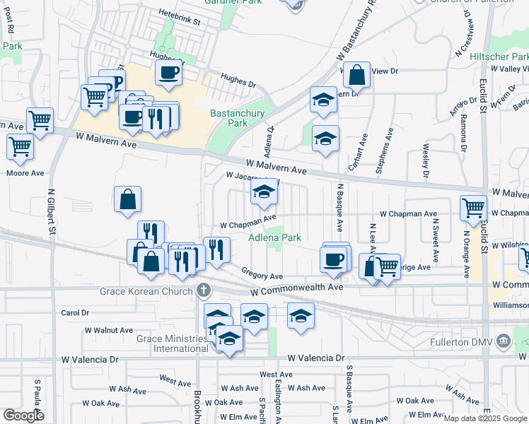 map of restaurants, bars, coffee shops, grocery stores, and more near 404 Adlena Drive in Fullerton