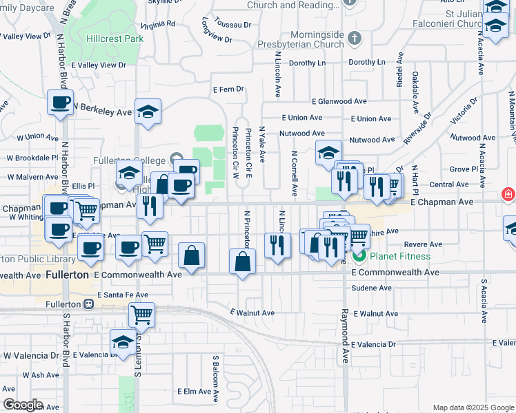 map of restaurants, bars, coffee shops, grocery stores, and more near 505 North Yale Avenue in Fullerton