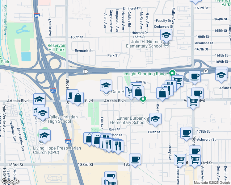 map of restaurants, bars, coffee shops, grocery stores, and more near 17221 Mapes Avenue in Cerritos