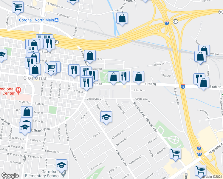 map of restaurants, bars, coffee shops, grocery stores, and more near 1032 East 6th Street in Corona